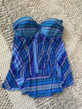 Profile By Gottex Blue Teal Strapless swim top wired 38D padded hook semisheer